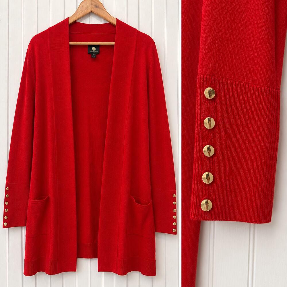JM Collection Red Open Front Cardigan Gold Button Cuffs Summer Lightweight M
